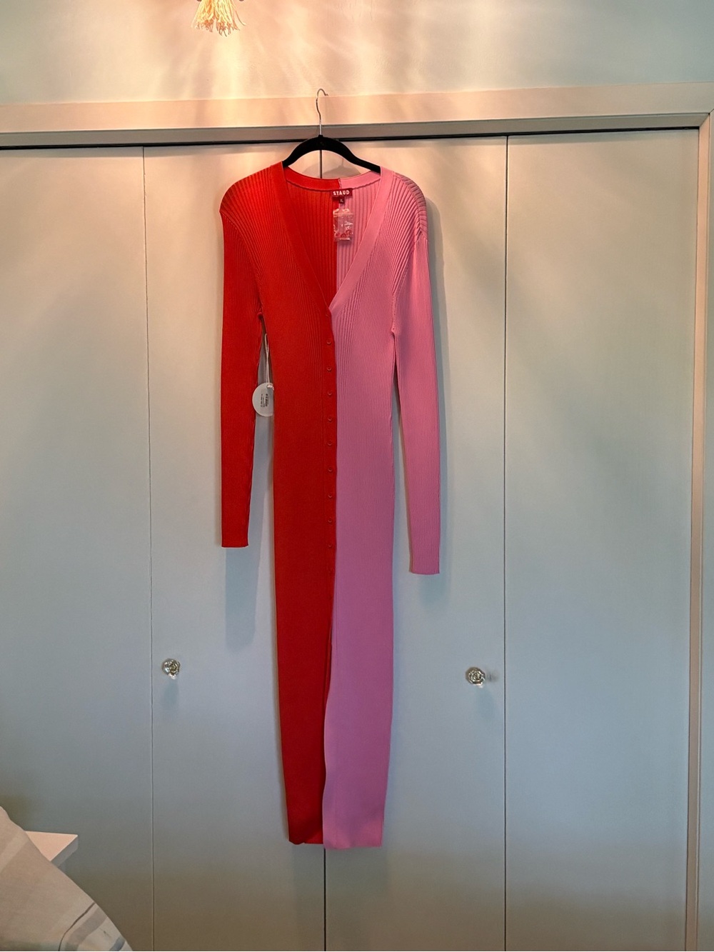 NWT STAUD ShokoTwo-Tone Red and Pink Ribbed Button-Front Maxi Dress